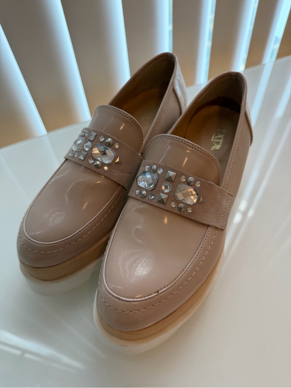 Made In Italy Embellished Nude Patent Loafers for Women